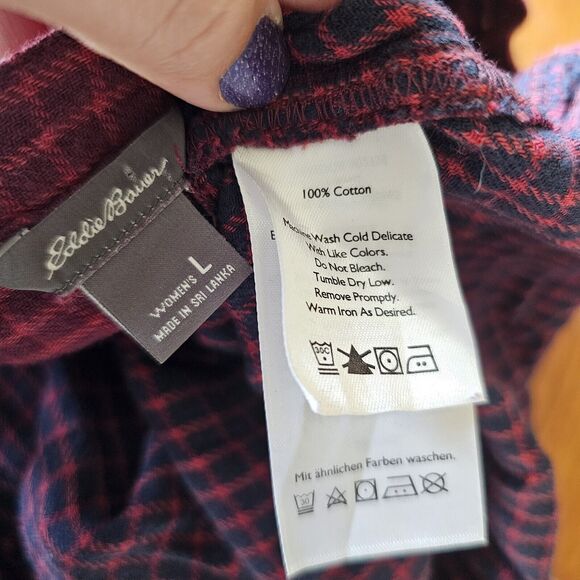 eddie bauer womens top Size Large Gauze Cotton Tunic Plaid Hi-lo Red - Picture 2 of 4